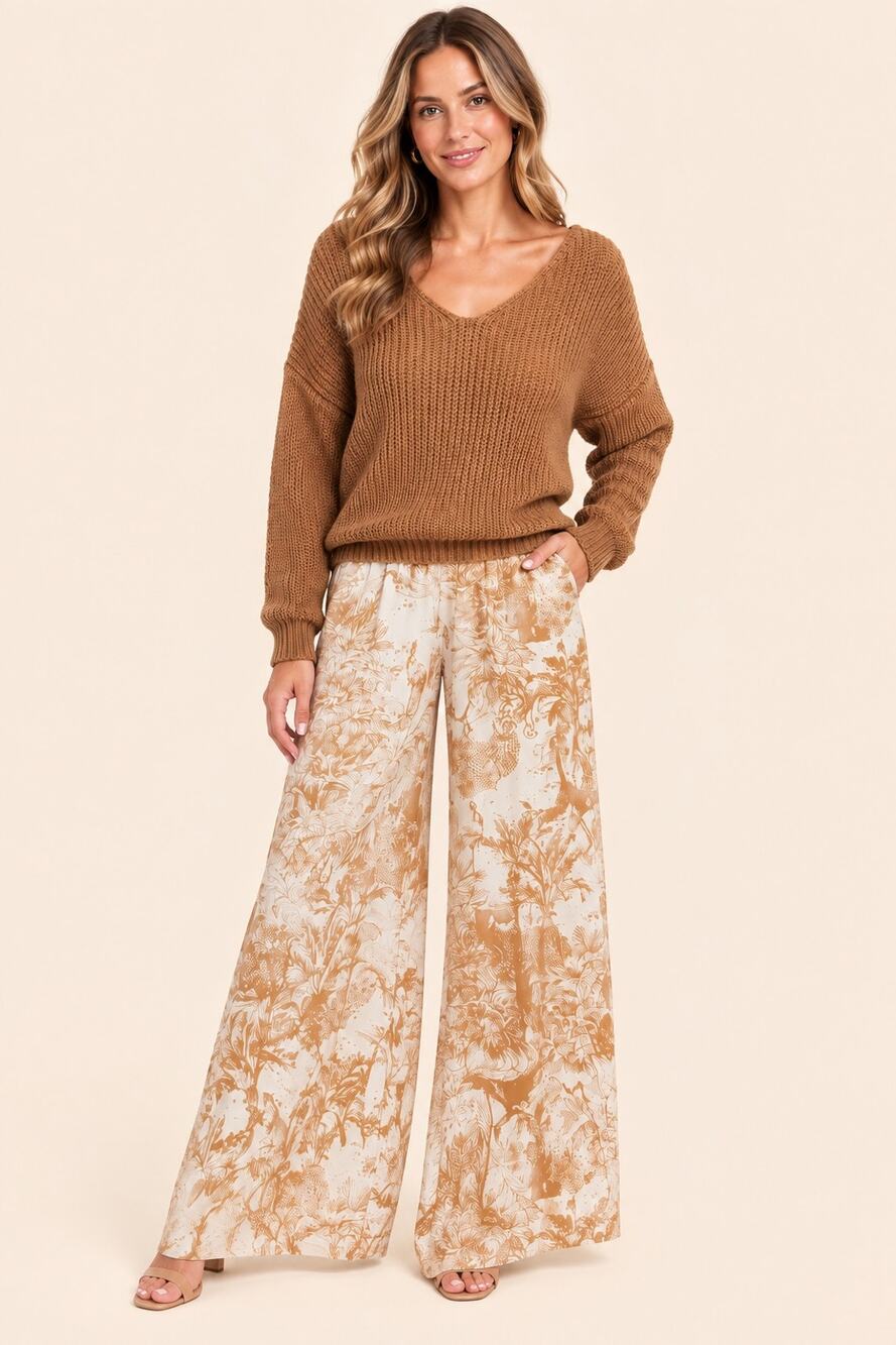 Scandal Italy Caramel and Cream Wide Leg Micah Pants